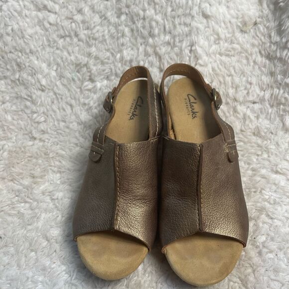 Clarks leather bronze cork platform wedge sandals Size 8M. - Picture 2 of 10